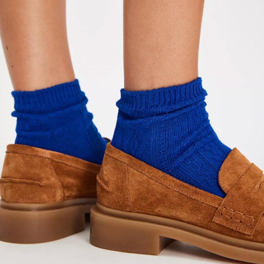 FREE PEOPLE Essential Socks Sock Cotton Cable Knit Cobalt Blue OS